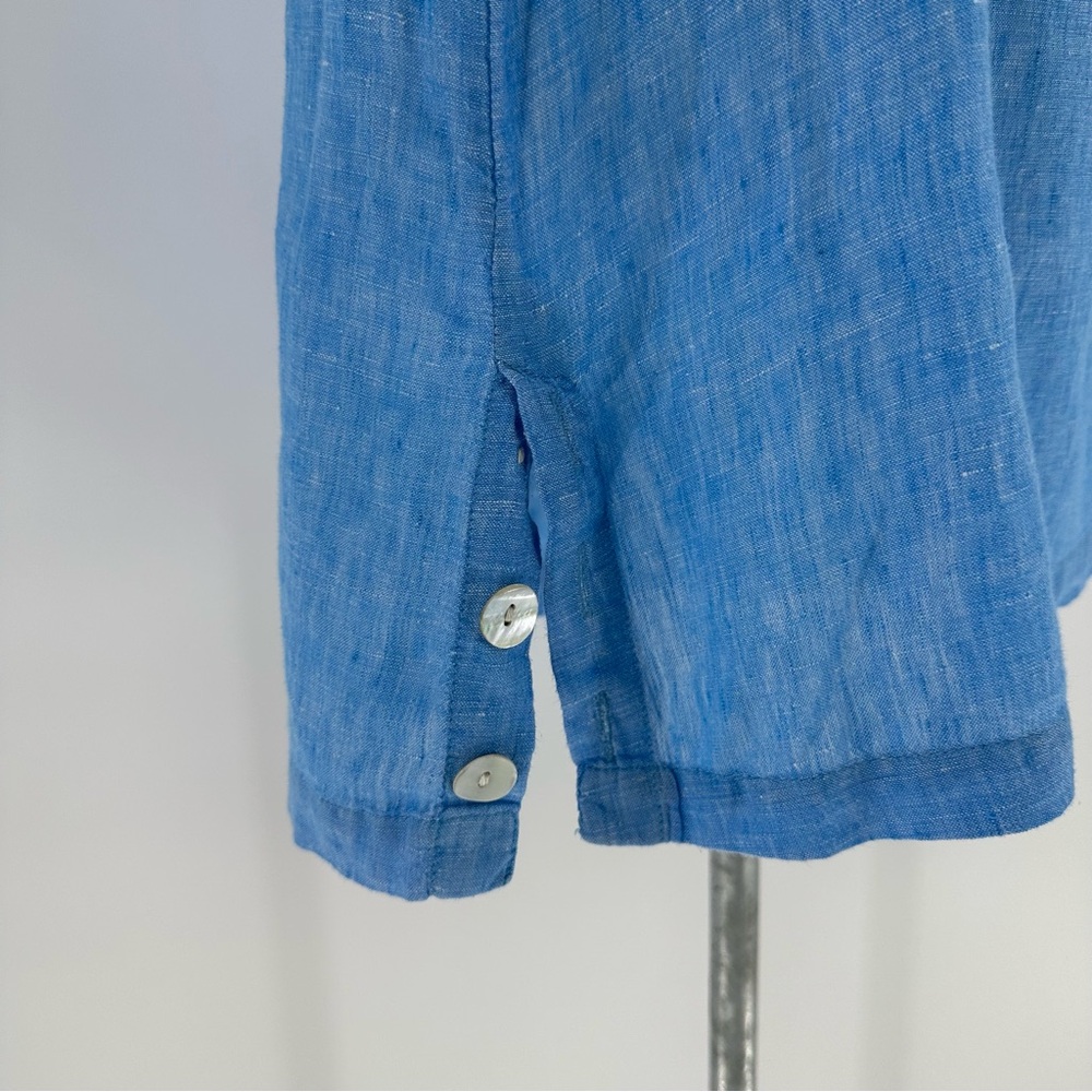 Tahari Top Blue Linen Collared V-neck 3/4 Sleeve Coastal Beachy Lightweight Sz L - Picture 3 of 12